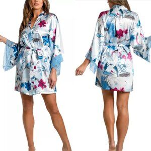 Linea Donatella Ayanna Satin Lace-Trim Robe Blue Floral NWT Sz S/M
